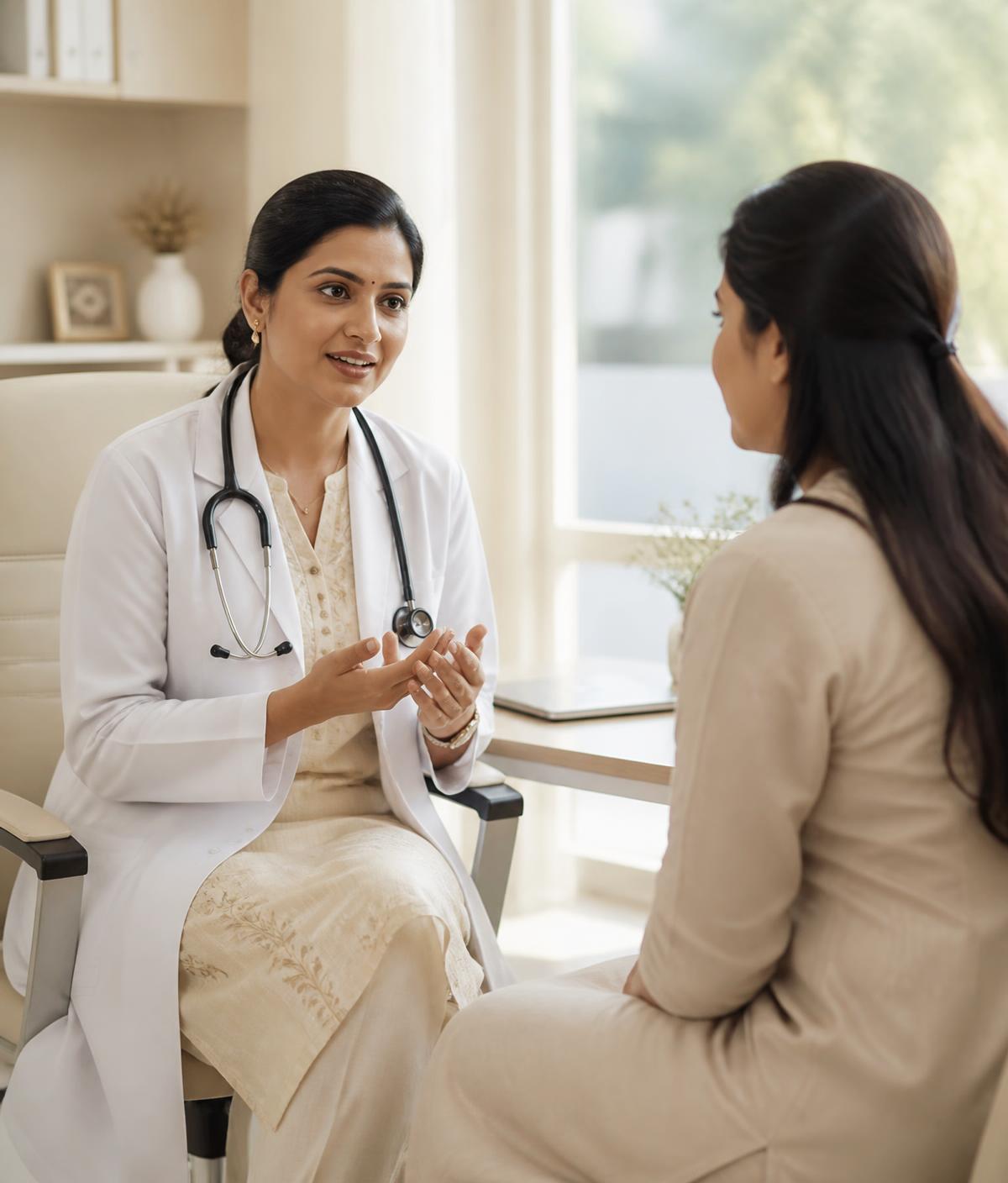 A doctor in conversation with a patient in a bright consultation room