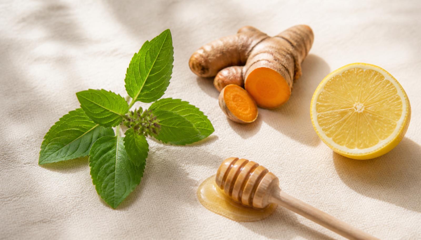 Tulsi leaves, turmeric root, lemon and honey on a warm ivory linen surface