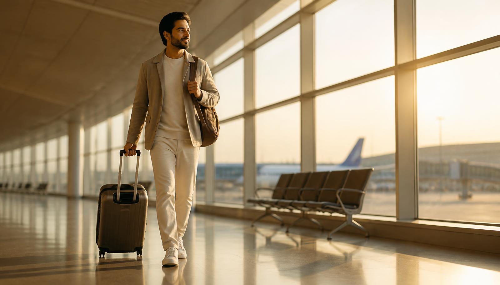 A traveller walking through a sunlit airport terminal