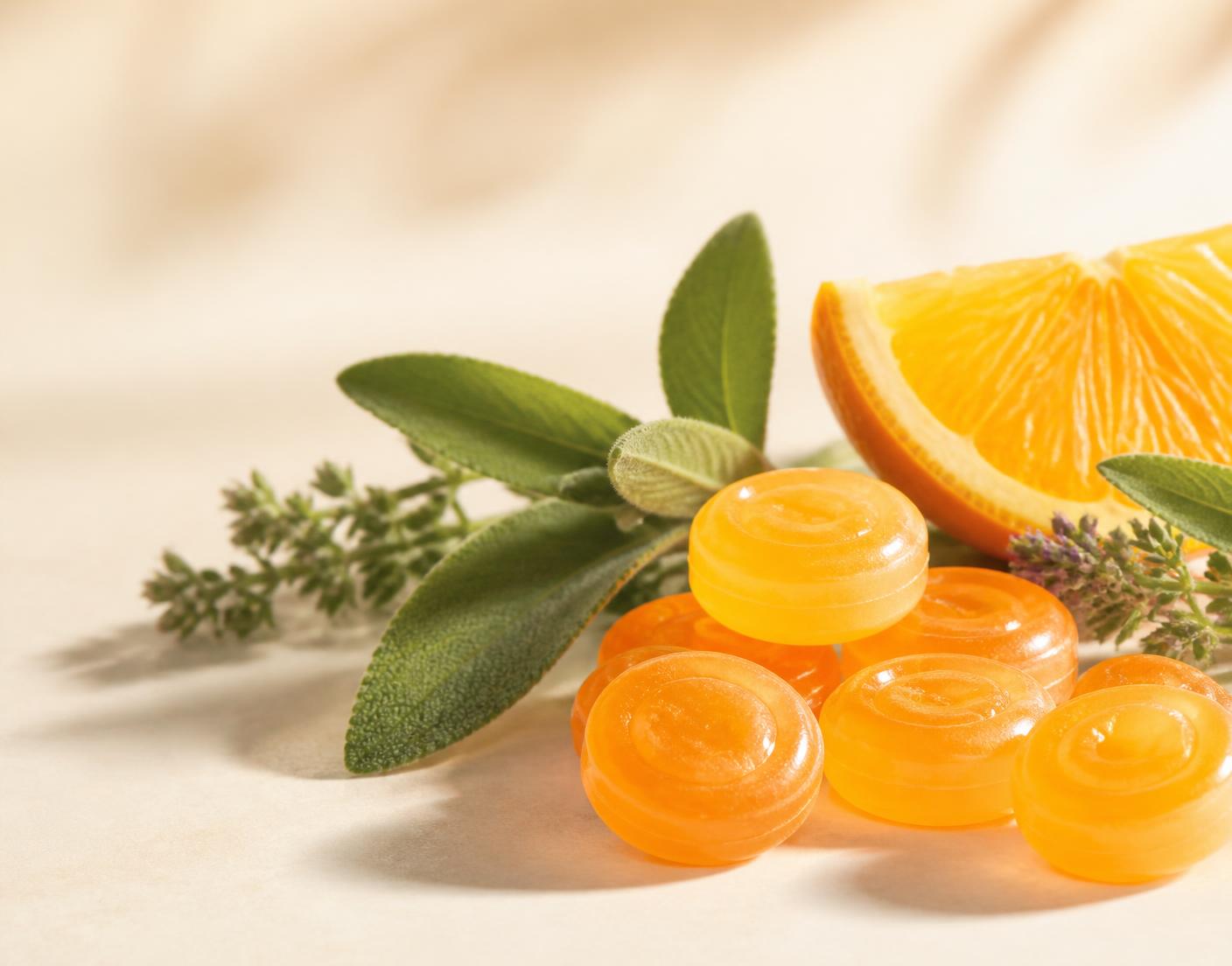 Herbal lozenges arranged with fresh botanicals and orange on a warm ivory surface