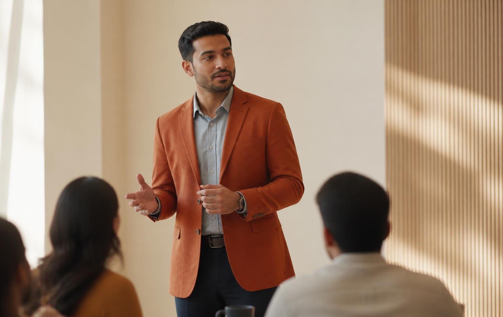A professional speaking to colleagues in a sunlit meeting room